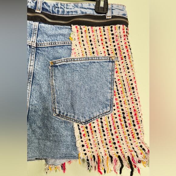 ZARA Denim Skirt with Woven Overlay Zip Waist Design Size Large - Picture 12 of 13